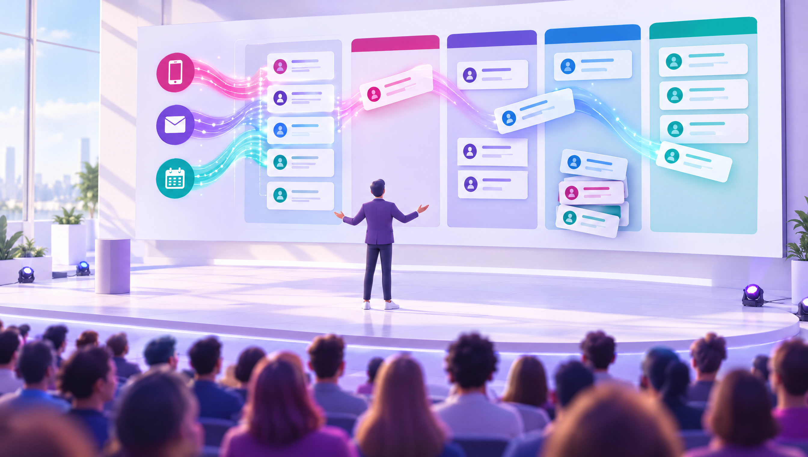 Escenario de keynote con un pipeline de CRM que se actualiza solo y algunas tarjetas en la etapa equivocada