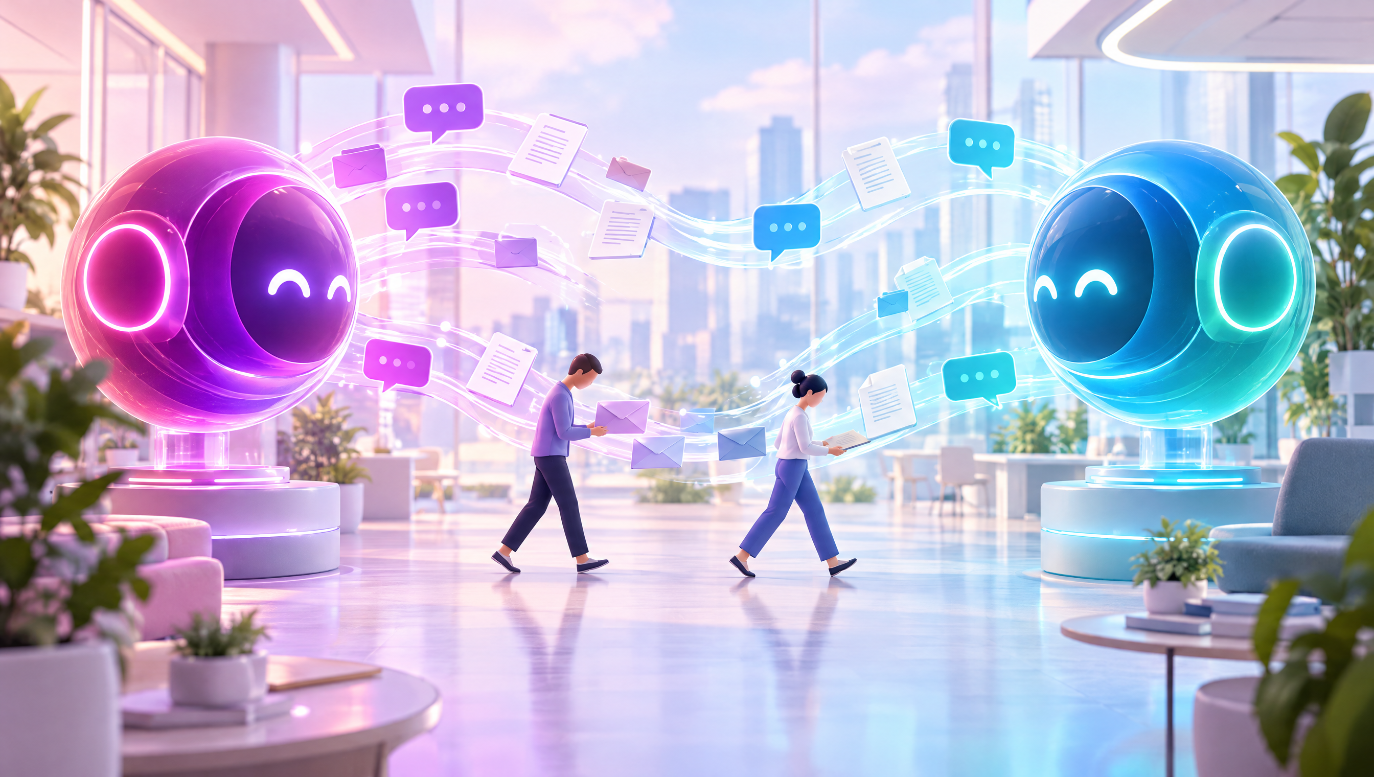 Ilustración de dos inteligencias artificiales conversando entre sí mientras dos personas solo pasan documentos de una a otra sin leerlos.