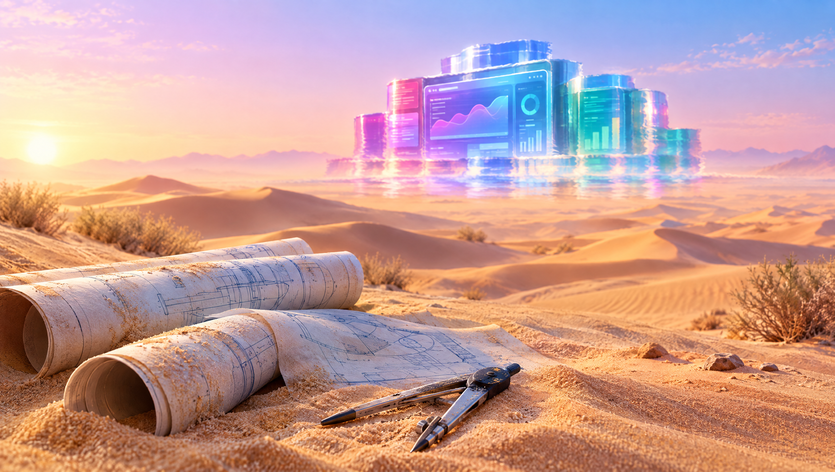 Ilustración de un espejismo en el desierto con una plataforma de software reluciente en el horizonte y planos de arquitectura olvidados en la arena.