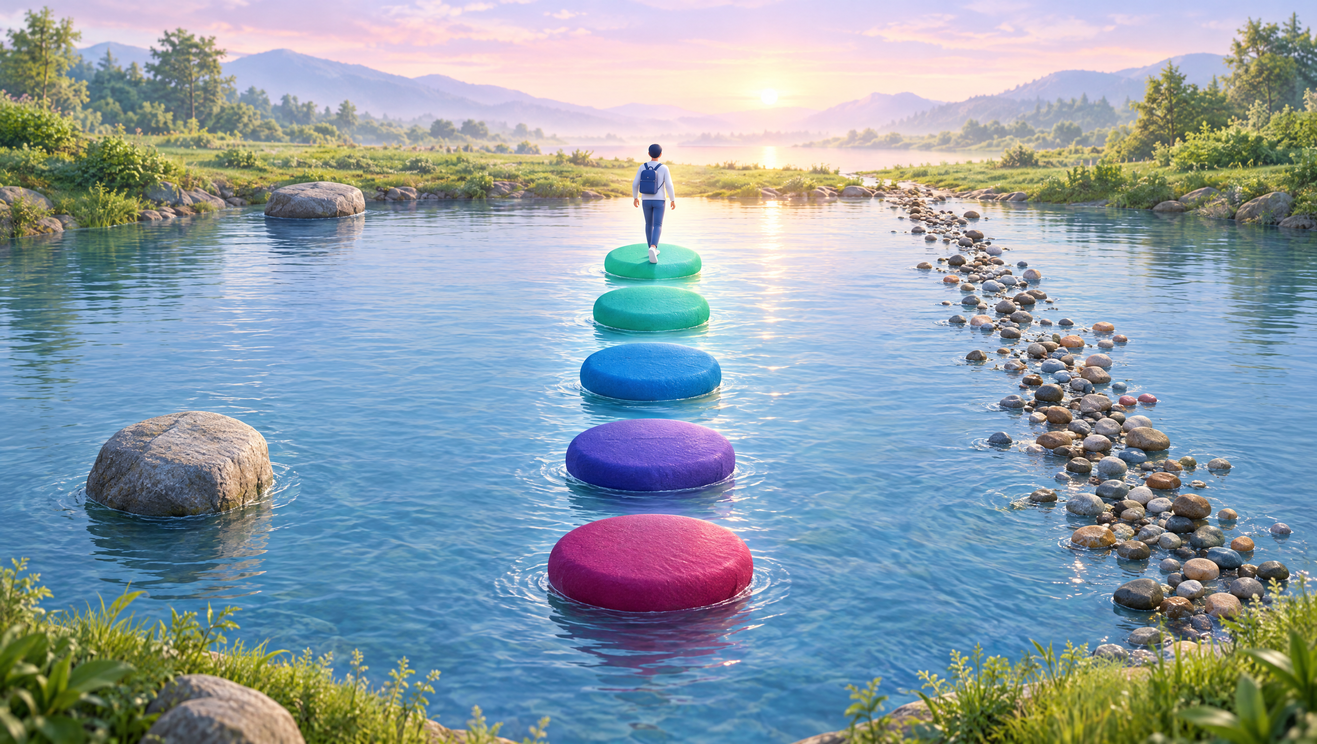 Ilustración de tres caminos de piedras sobre un río: muy pocas, demasiadas y seis bien espaciadas en el centro, como el número correcto de etapas de un pipeline.
