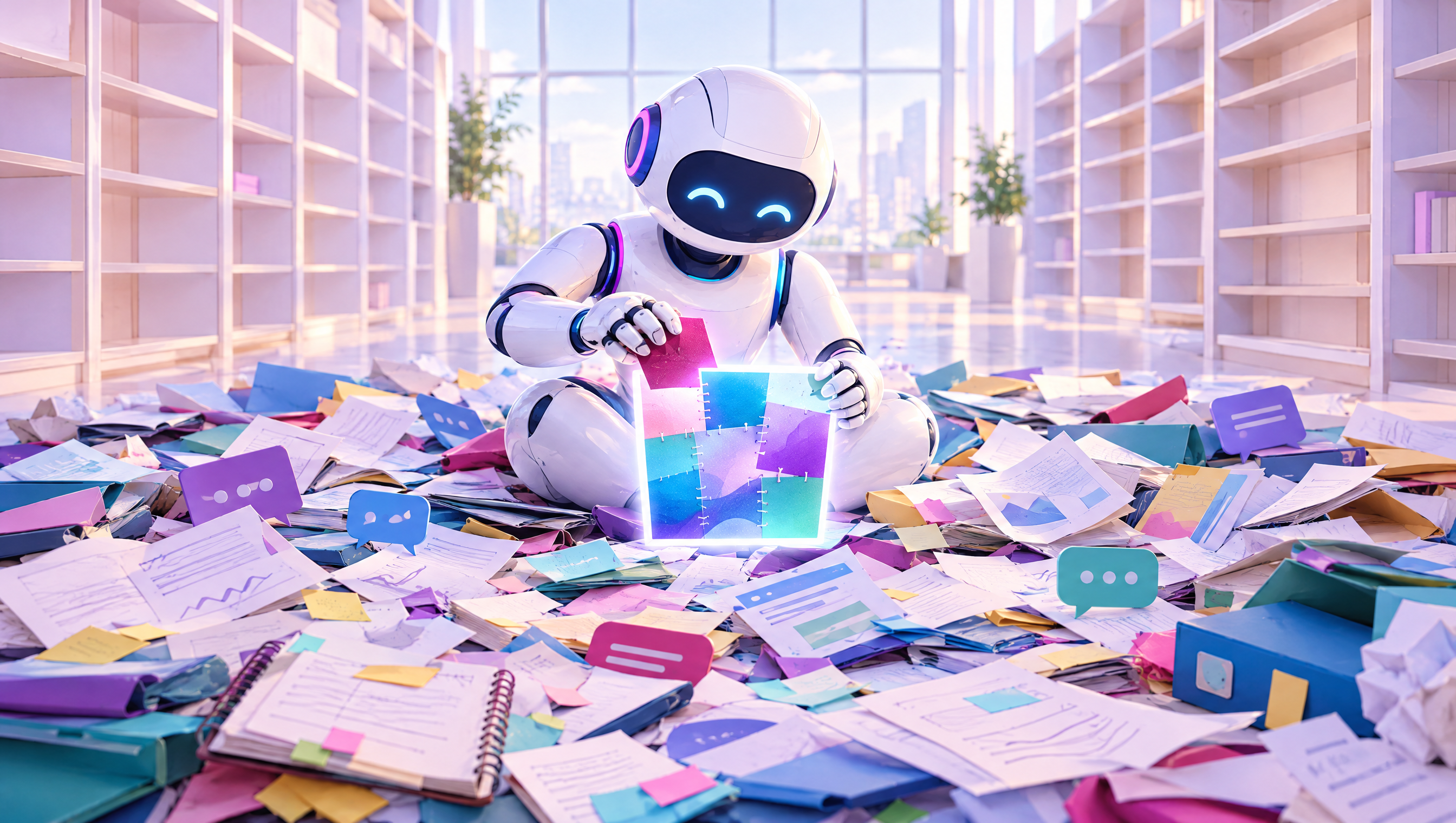 Ilustración de un robot de IA sobre una pila de papeles y notas desordenadas en una biblioteca vacía, improvisando una respuesta con fragmentos sueltos.