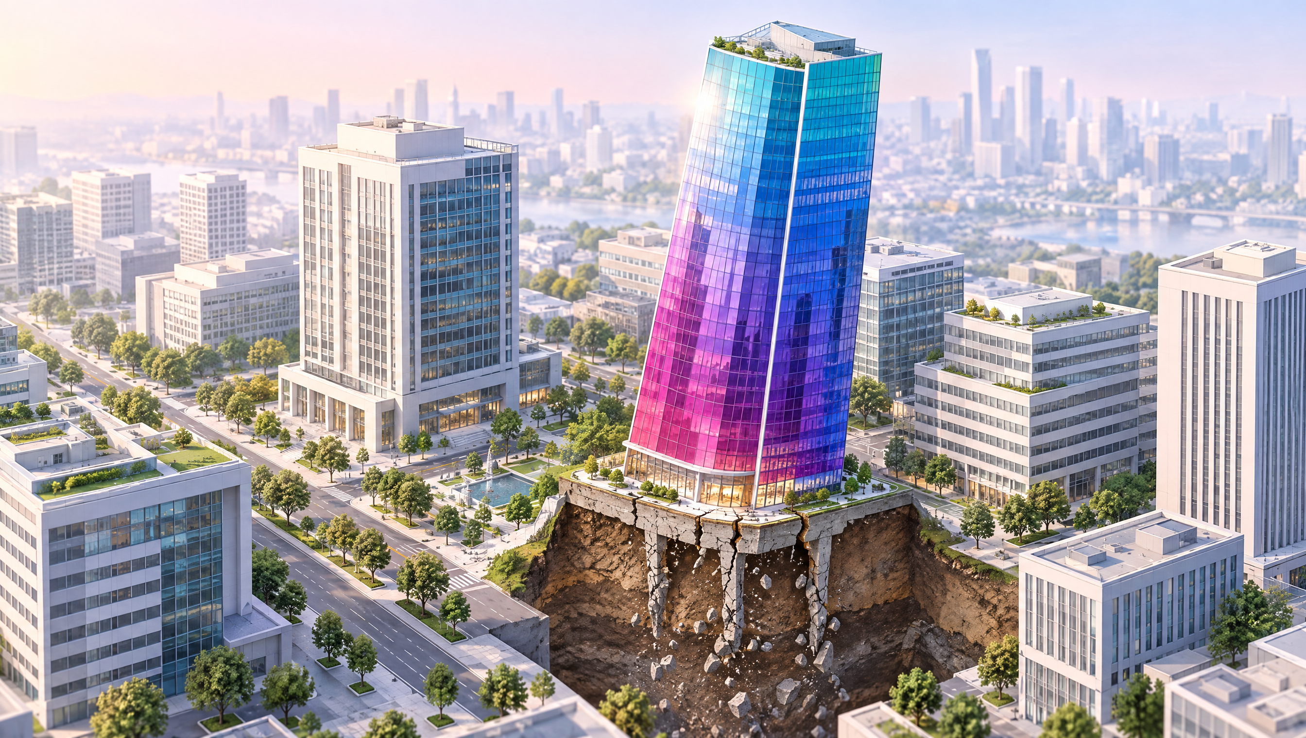 Ilustración de una ciudad con una torre de vidrio en colores magenta, púrpura y azul que se inclina sobre un cimiento agrietado, junto a edificios blancos firmes: implementar el CRM antes que los procesos.